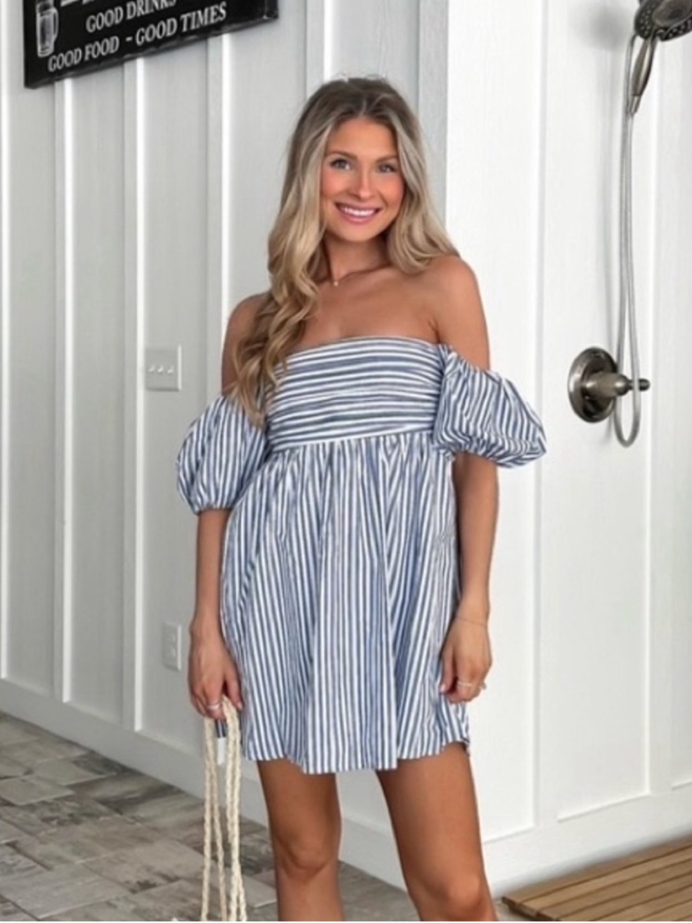 Abercrombie Emerson Off Shoulder Puff Sleeve Blue/White Stripe Dress Skort Large - Picture 5 of 16